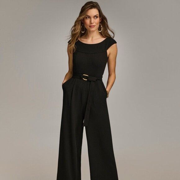 New Donna Karan Size 8 Black Belted Sleeveless Straight Leg Jumpsuit NWT - Picture 2 of 12